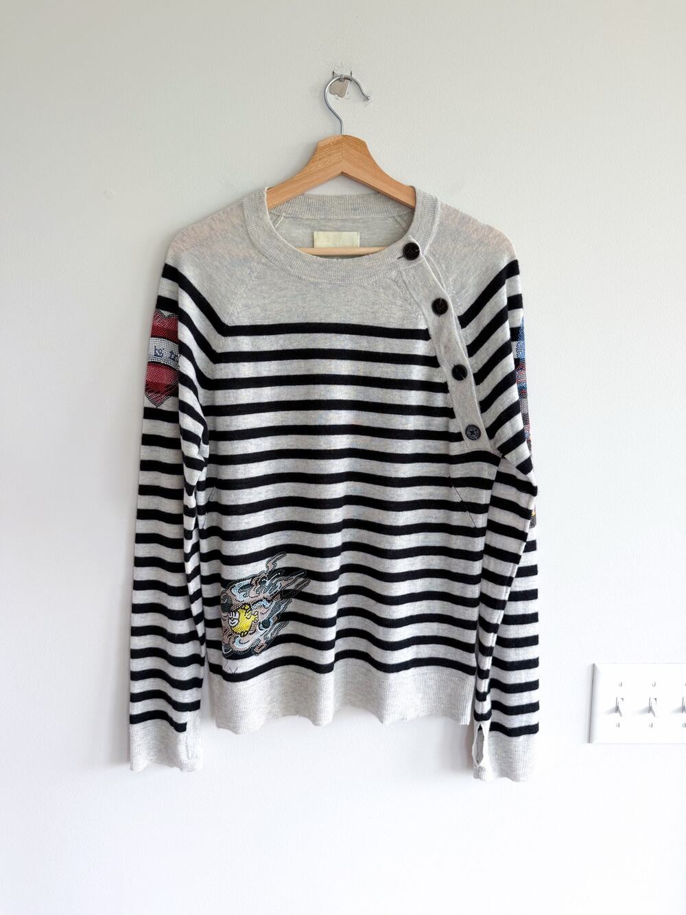 Zadig & Voltaire Reglis Bis Cashmere Striped Pattern Sweater Gray Black L